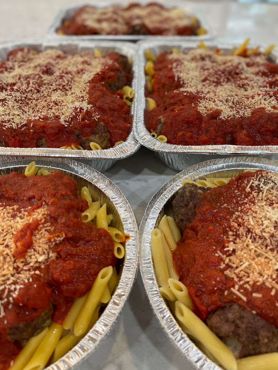Cheese and Pepperoni Stuffed Meatballs over Penne Pasta with Marinara, Large