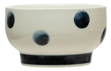 Hand-Painted Stoneware Bowl, Navy Dots